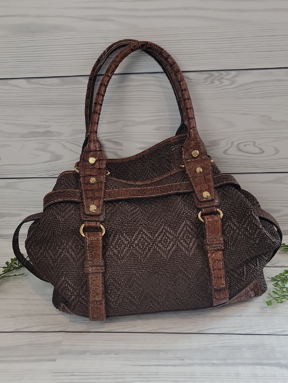 Francesco Biasia Brown Woven Satchel Handbag With Leather Trim
